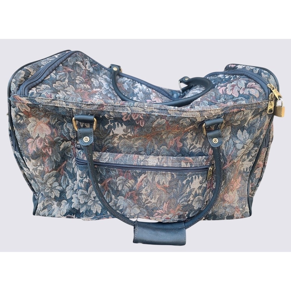 American Tourister Vintage Floral Tapestry Duffel Bag Blue Pink Travel Weekender